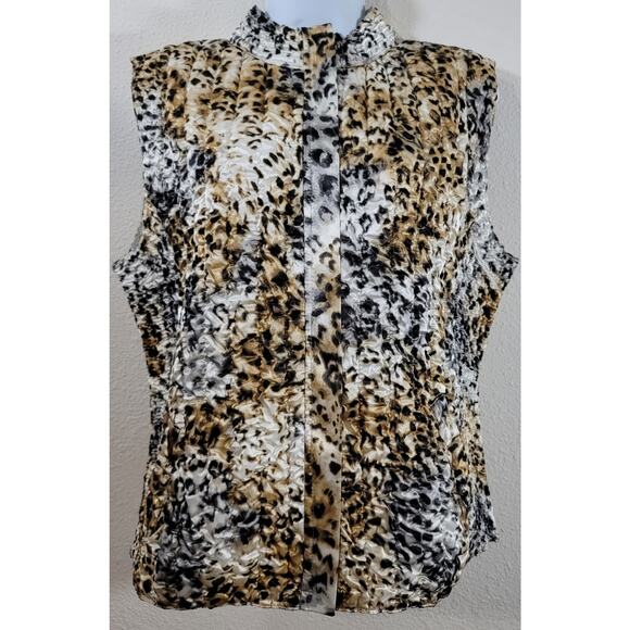 Ruby Rd. Gold White Black Animal Print Puffy Vest Large Sleeveless Full Zip Soft - Picture 1 of 6